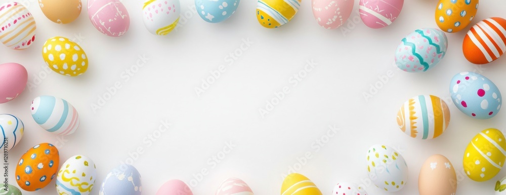 Poster colorful easter eggs border a white background with copy space for text, top view colorful easter eg