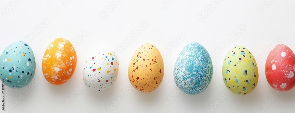 Poster colorful easter eggs border a white background with copy space for text, top view colorful easter eg