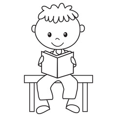 Stick figure boy reading books vector cartoon illustration