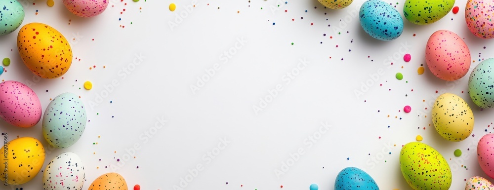 Poster colorful easter eggs border a white background with copy space, top view colorful easter frame desig