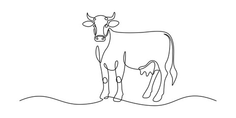 Cows on pasture in One continuous line drawing. Milk calf animal grazing symbol and beef meat farm concept in simple linear style. Editable stroke. Doodle vector illustration