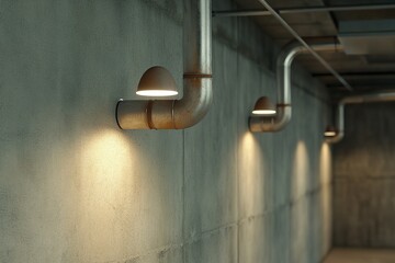 Modern industrial lighting illuminates a minimalist concrete wall in a contemporary space