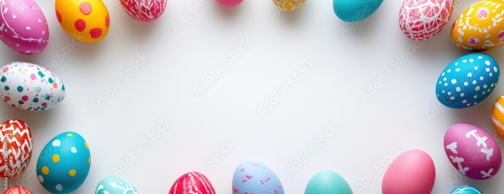 Poster colorful easter eggs border a white background with space for text, top view generative ai