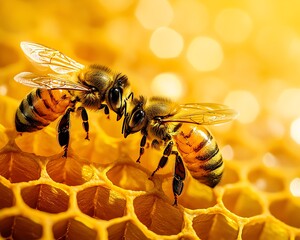 Closeup of two worker bees on a honeycomb, their wings shimmering in the golden sunset light, creating a peaceful, vibrant atmosphere with a warm background