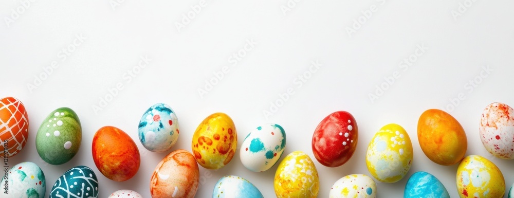 Poster colorful easter eggs border a white background with space for text, top view generative ai