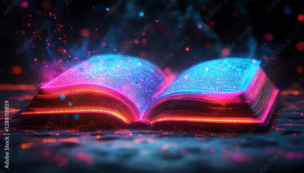 Fototapete Colorful digital book with neon light trails emanating from open pages, set against a futuristic background filled with glowing technology and digital elements