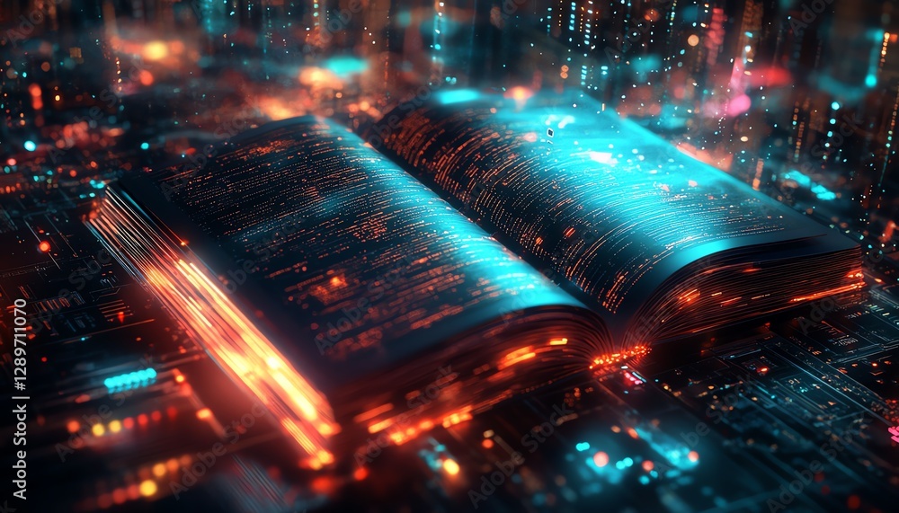 Poster colorful digital book with neon light trails emanating from open pages, set against a futuristic bac