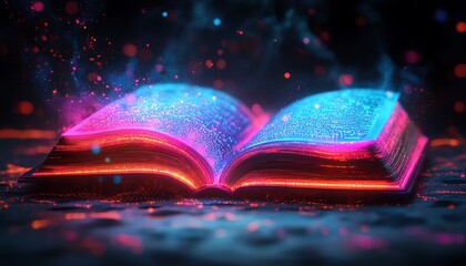Colorful digital book with neon light trails emanating from open pages, set against a futuristic background filled with glowing technology and digital elements