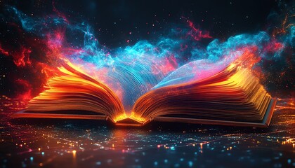 Colorful digital book with neon light trails emanating from open pages, set against a futuristic background filled with glowing technology and digital elements