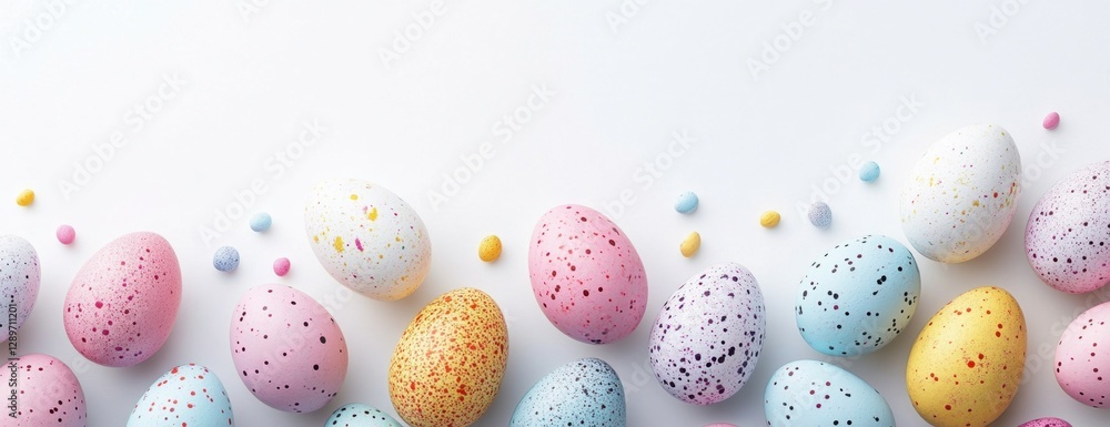Aufkleber easter border with colorful painted eggs on a white background, a flat lay banner template for e-com