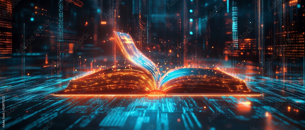 Poster digital book with luminous neon light trails flowing from the pages, surrounded by a futuristic sett