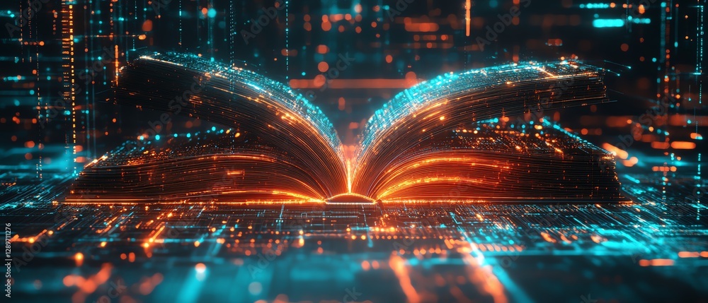 Leinwandbilder digital book with luminous neon light trails flowing from the pages, surrounded by a futuristic sett