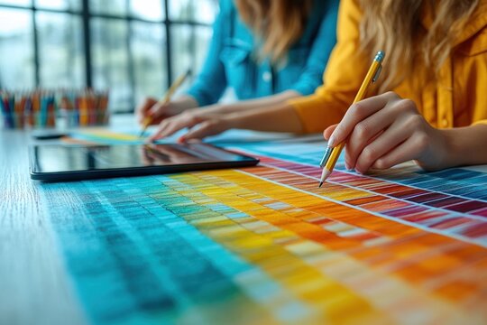 Creative Graphic Designers Collaborating on Color Samples and Brainstorming Ideas in a Modern Workspace