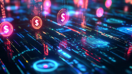 Obraz premium 世界の法定通貨がデジタルコインに変換される未来のビジュアル