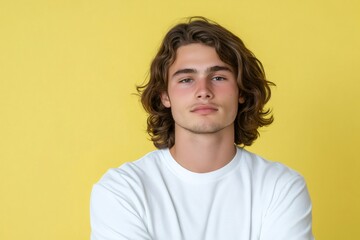 Young man with long hair posing on yellow background