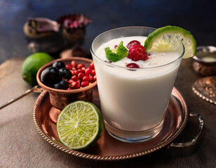 A glass of traditional Indian cold drink, garnished with lime, mint, and berries, is served on a vintage copper tray with exotic spices.

