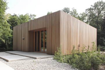 A contemporary wooden house design, seamlessly integrated with natural elements, is nestled amid lush greenery, creating a tranquil atmosphere in the bright daylight