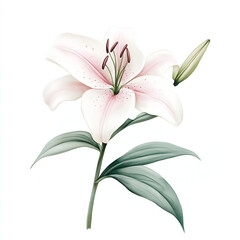 Obraz premium Delicate lily flower painted in soft akvarel watercolor style, gentle brushstrokes blending pastel pink and white petals, subtle green stem and leaves, minimalistic composition on a pure white backgro