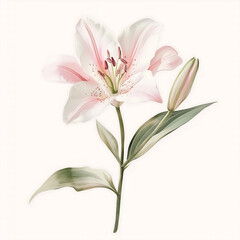 Obraz premium Delicate lily flower painted in soft akvarel watercolor style, gentle brushstrokes blending pastel pink and white petals, subtle green stem and leaves, minimalistic composition on a pure white backgro