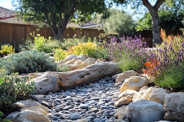 Garden Oasis: A picturesque garden scene with a natural-looking dry creek bed, vibrant flowers, and a variety of lush plants, creating a sense of tranquility.