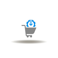 Vector illustration of shopping cart with gear wheel and arrow down. Symbol of procurement management.