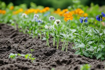 Blooming Row: A vibrant row of colorful flowers flourishing in rich, dark soil, offering a delightful display of nature's artistry in a close-up shot