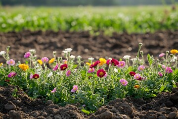 Burst of Colors: A vibrant row of colorful flowers blooms gracefully amidst fertile soil, their petals showcasing a spectrum of hues under the warm light.