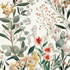 Vintage botanical illustration of eucalyptus and flowers