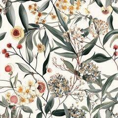 Vintage botanical illustration of eucalyptus and flowers