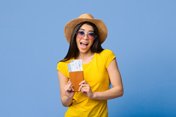 Finally Travelling. Excited Asian Tourist Girl Posing With Passport And Tickets Over Purple...