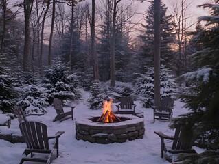 Cozy Winter Fire Pit: Inviting winter scene featuring a stone fire pit, surrounded by wooden chairs, and a backdrop of snow-covered trees.