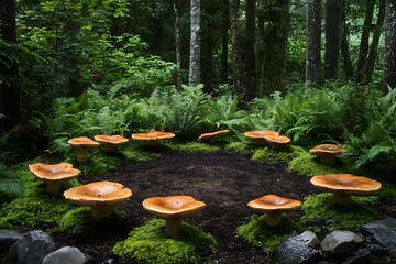 Fototapeta premium Whimsical Mushroom Circle: A circular arrangement of vibrant mushrooms growing amongst lush green moss, creating an enchanting woodland scene.