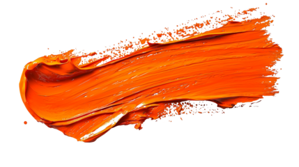 Bold orange paint stroke with thick textured brush marks, artistic abstract design, isolated on transparent background 
