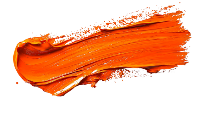 Bold orange paint stroke with thick textured brush marks, artistic abstract design, isolated on transparent background 