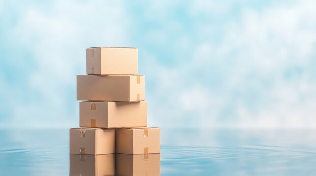 stacked cardboard boxes on a reflective surface with blue background