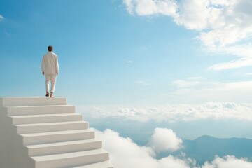 Man in white suit stands on stairs in clouds under bright blue sky with distant mountains