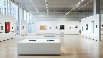 Modern Art Gallery Interior with White Walls and Light Wood Floors