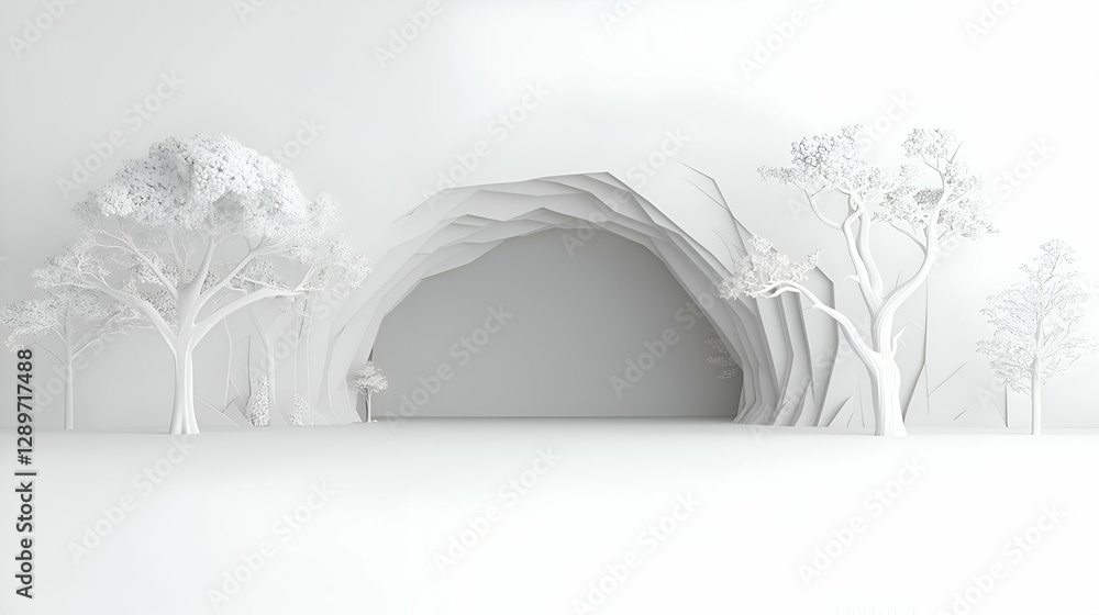 Poster white minimalist 3d render of trees and archway