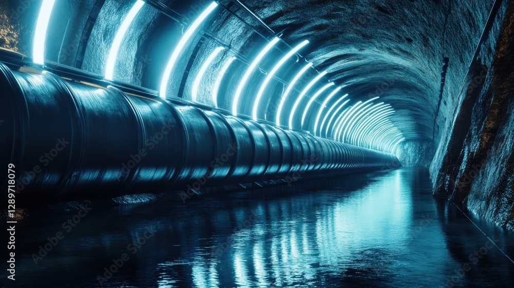Poster underground tunnel with illuminated pipes reflecting on water surface in dark atmospheric setting