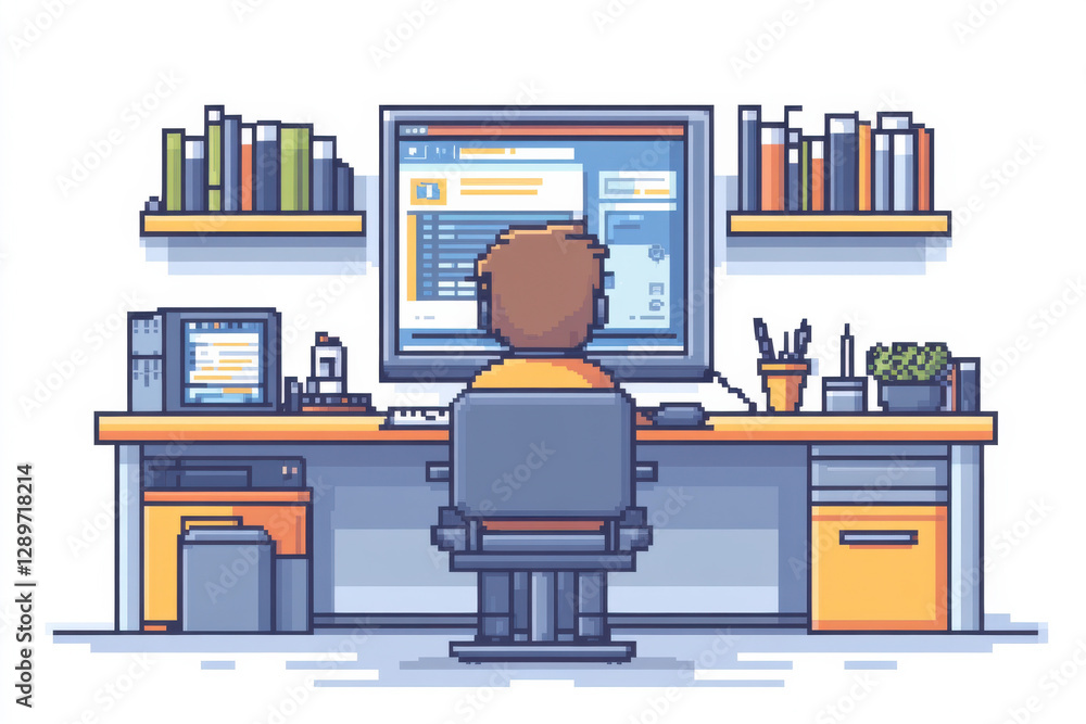 Poster a man is sitting at a desk with a computer monitor and a keyboard