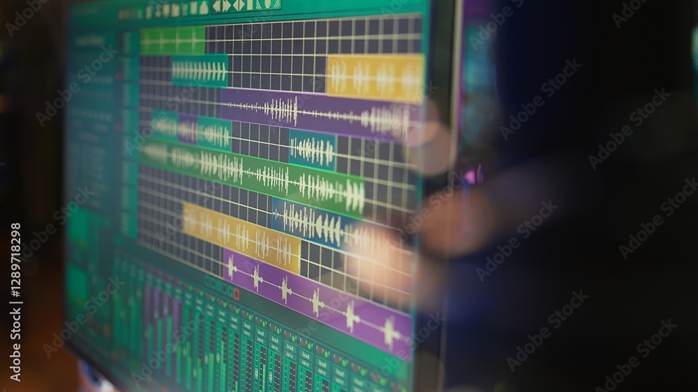 Leinwandbilder Digital audio workstation software on computer at home studio used for recording music and mixing it in post production, modern devices. Acoustical engineering and signal processing gear. Close up.