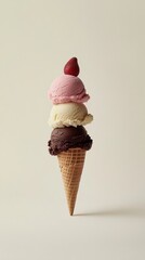 Triple scoop ice cream cone on white background