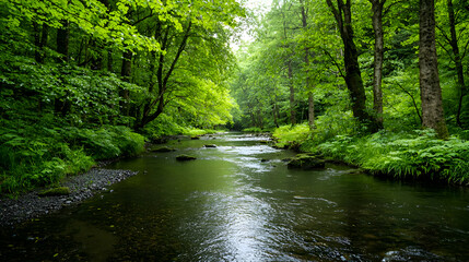 Obraz premium Serene River Flowing Through Lush Green Forest