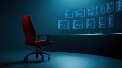 Hacker's Room With Multiple Monitors and Red Chair