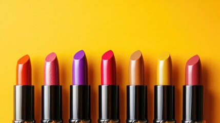 Obraz premium Bold and colorful lipsticks displayed in a row on a bright orange background, showcasing different shades