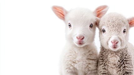 Fototapeta premium Two cute lambs cuddle, white background, spring, farm animals, greeting card