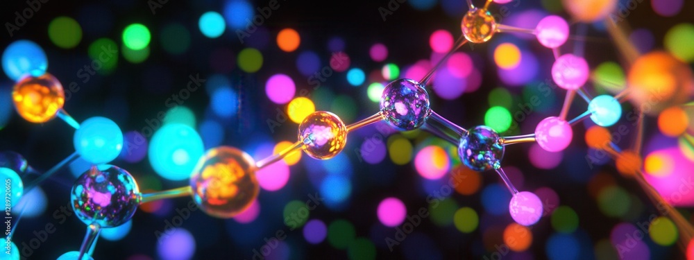 Poster colorful molecular structure with glowing atoms and bokeh effect in vibrant background