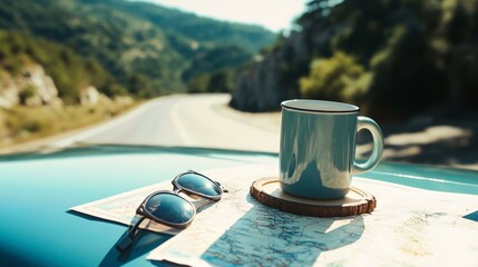  Mug mockup with coaster on car hood by winding road, emphasizing travel and adventure vibes for designs.