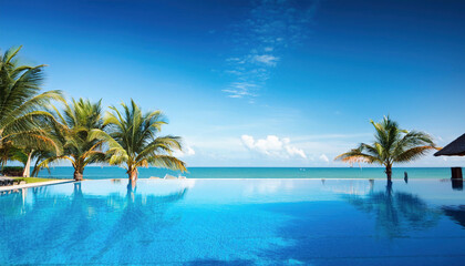 An infinity pool reflects the clear blue sky, overlooking the ocean with palm trees swaying in the breeze.