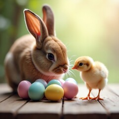 Cute bunny and chick next to colorful Easter eggs on wooden table
